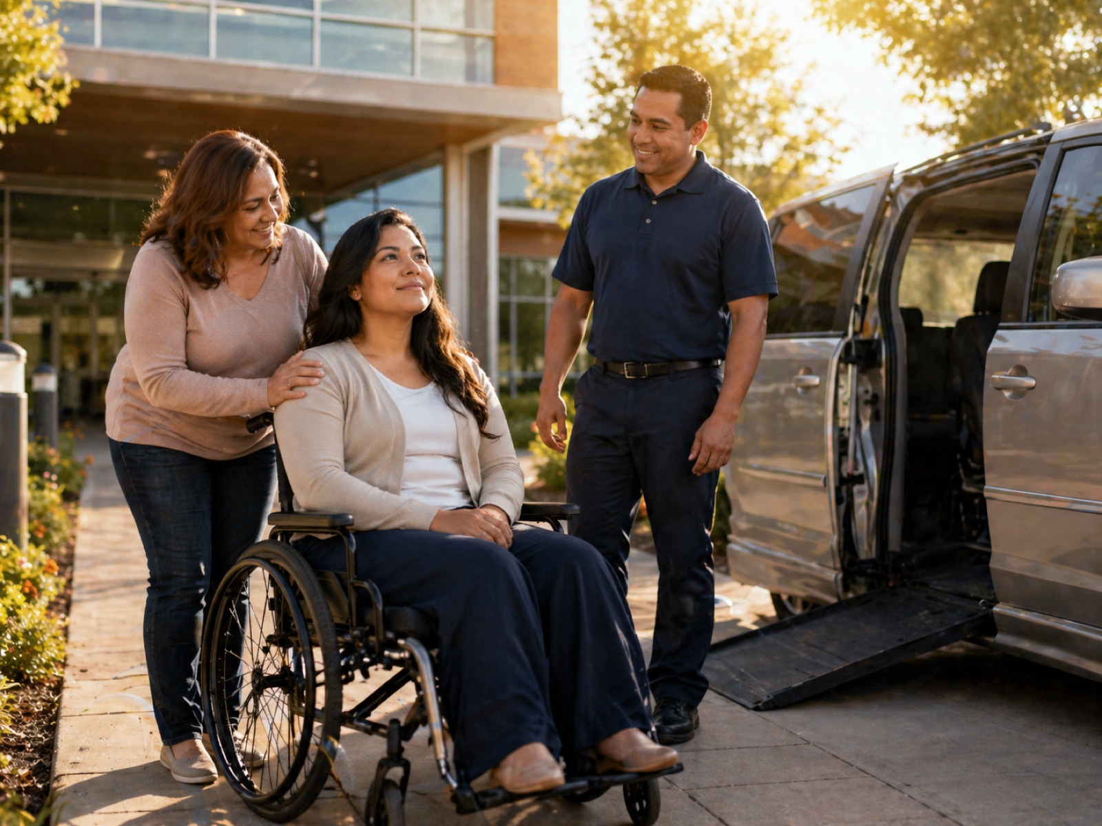 A wheelchair user and two companions beside an accessible vehicle
